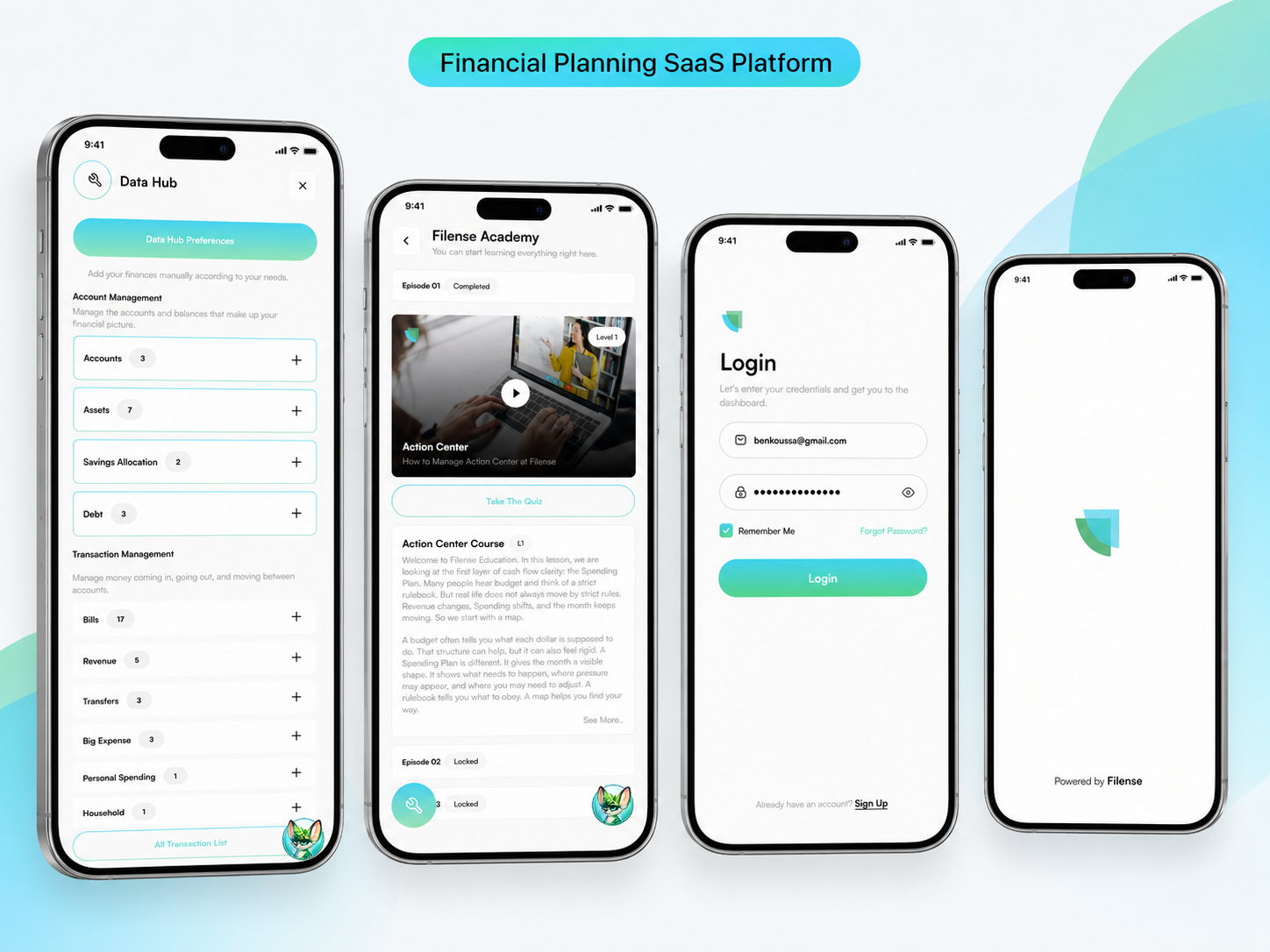 Filense Financial Planning SaaS Platform showing four mobile screens: Quick Access, Live Reports, Factors Overview, and AI Chat.