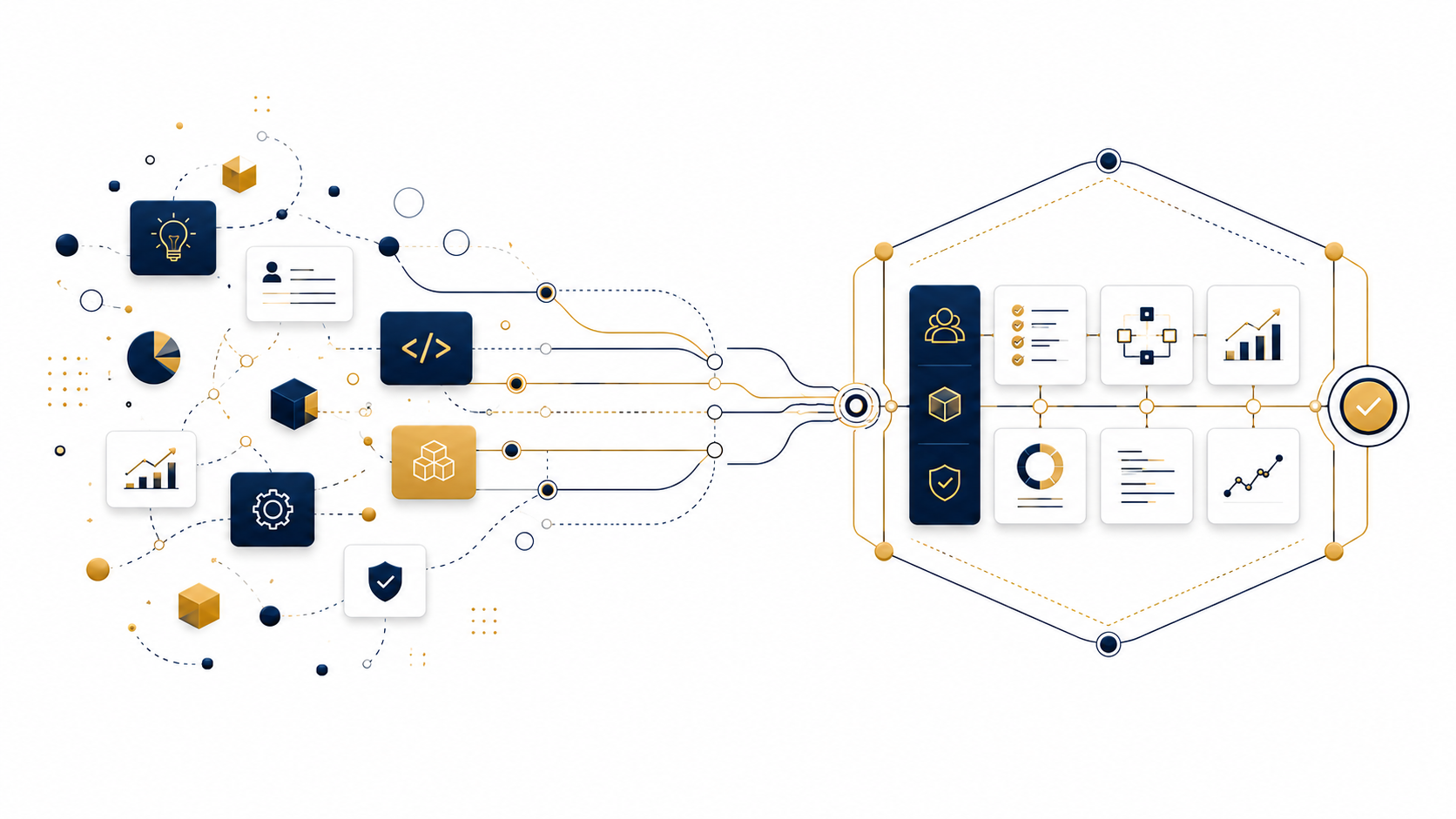 Complex ideas and technical inputs becoming a structured digital product system.