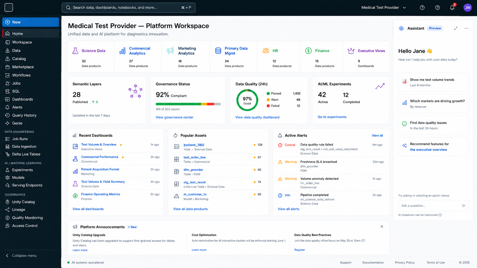 Representative enterprise data-platform architecture for a medical test provider.